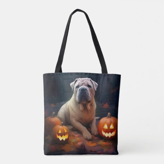 Halloween Shar Pei met pompoenen eng Tote Bag (Achterkant)