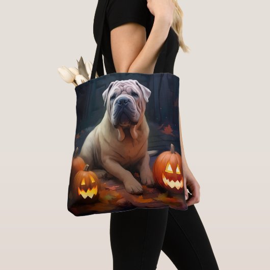 Halloween Shar Pei met pompoenen eng Tote Bag (Dichtbij)