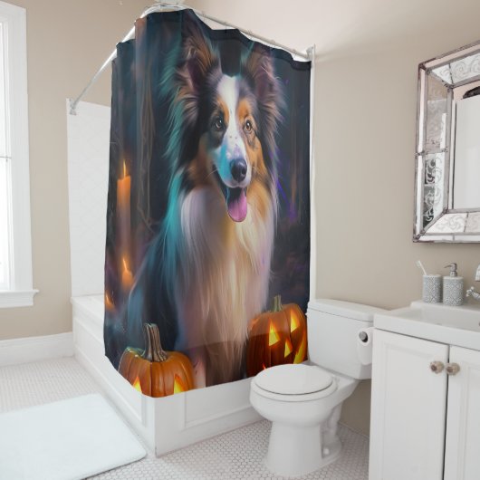 Halloween Shetland Sheepdog met pompoenen eng Douchegordijn (In situ)