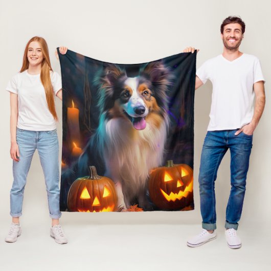 Halloween Shetland Sheepdog met pompoenen eng Fleece Deken (In situ)