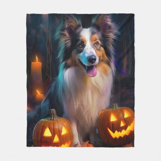 Halloween Shetland Sheepdog met pompoenen eng Fleece Deken (Voorkant)
