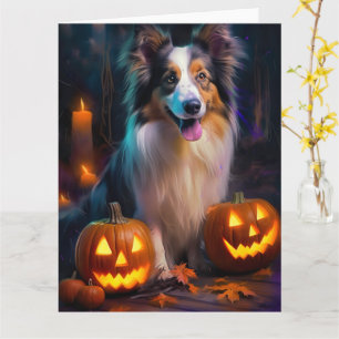 Halloween Shetland Sheepdog met pompoenen eng Kaart
