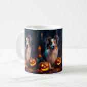 Halloween Shetland Sheepdog met pompoenen eng Koffiemok (Voorkant links)