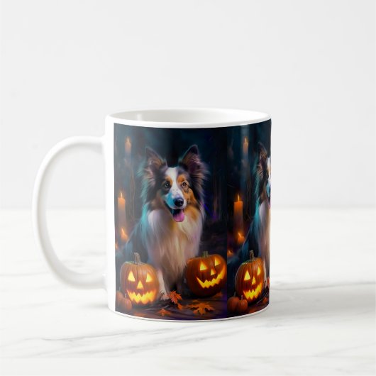 Halloween Shetland Sheepdog met pompoenen eng Koffiemok (Links)