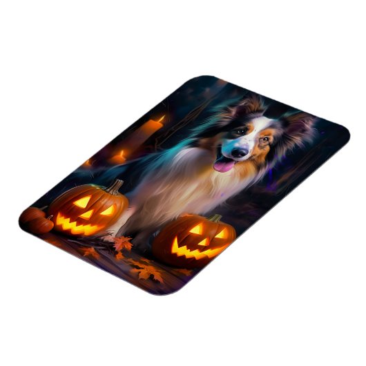 Halloween Shetland Sheepdog met pompoenen eng Magneet (Linkerzijde)