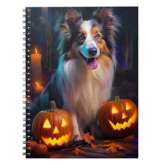 Halloween Shetland Sheepdog met pompoenen eng Notitieboek (Voorkant)