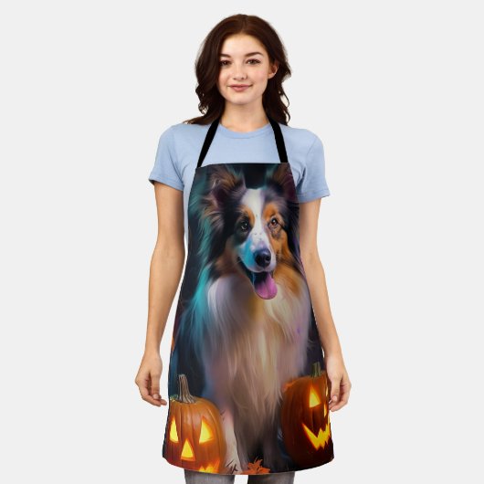 Halloween Shetland Sheepdog met pompoenen eng Schort (Gedragen)