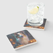 Halloween Shetland Sheepdog met pompoenen eng Stenen Onderzetter (Zijkant)