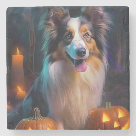Halloween Shetland Sheepdog met pompoenen eng Stenen Onderzetter (Voorkant)