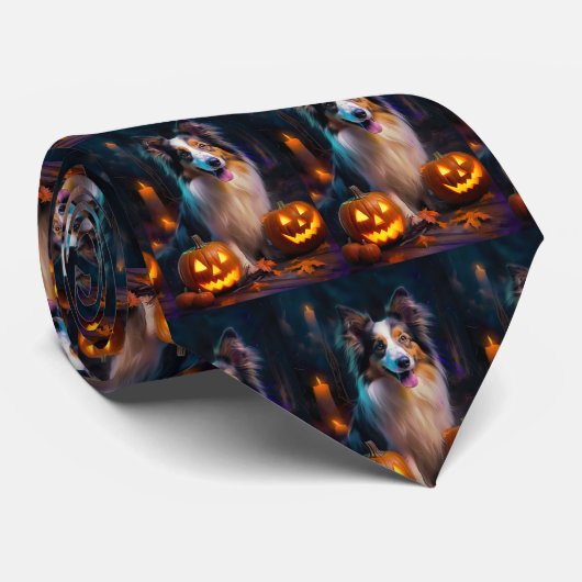 Halloween Shetland Sheepdog met pompoenen eng Stropdas (Opgerold)