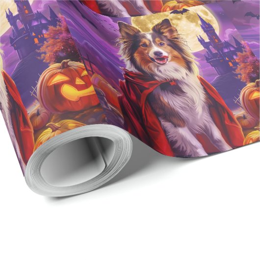 Halloween Shetland Sheepdog Vampire Pumpkins eng Cadeaupapier (Rol Hoek)