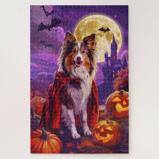 Halloween Shetland Sheepdog Vampire Pumpkins eng Legpuzzel (Verticaal)