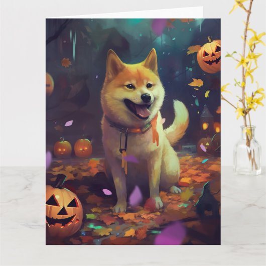 Halloween Shiba Inu met pompoenen eng Kaart (Gele Bloem)