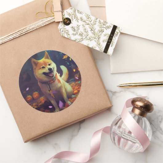 Halloween Shiba Inu met pompoenen eng Ronde Sticker (Geschenken)