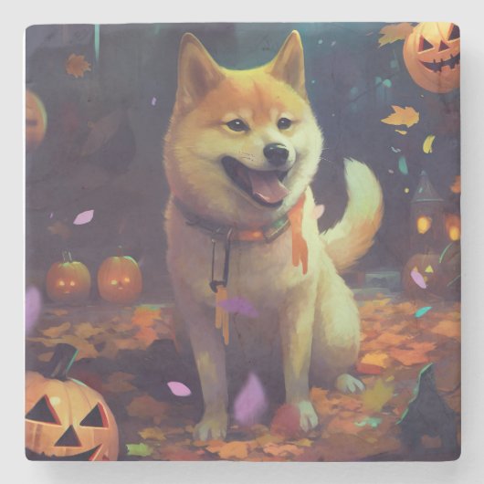 Halloween Shiba Inu met pompoenen eng Stenen Onderzetter (Voorkant)