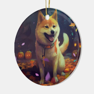 Halloween Shiba Inu Met Pompoenen Griezelen Keramisch Ornament