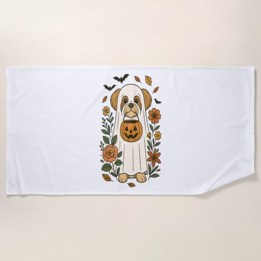Halloween Shih Tzu met Herfst bloemen Strandlaken (Voorkant)