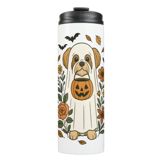 Halloween Shih Tzu met Herfst bloemen Thermosbeker (Voorkant)