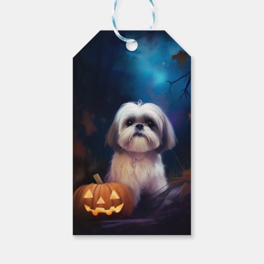 Halloween Shih Tzu met pompoenen eng Cadeaulabel (Achterkant)