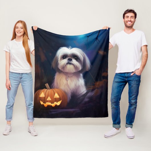 Halloween Shih Tzu met pompoenen eng Fleece Deken (In situ)