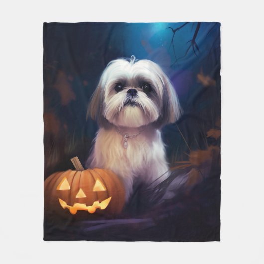 Halloween Shih Tzu met pompoenen eng Fleece Deken (Voorkant)