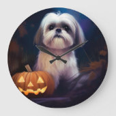 Halloween Shih Tzu met pompoenen eng Grote Klok (Voorkant)