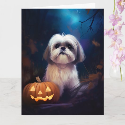 Halloween Shih Tzu met pompoenen eng Kaart (Orchidee)