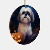Halloween Shih Tzu met pompoenen eng Keramisch Ornament (Rechts)