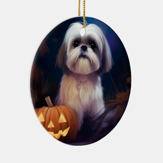 Halloween Shih Tzu met pompoenen eng Keramisch Ornament (Rechts)