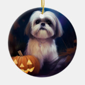 Halloween Shih Tzu met pompoenen eng Keramisch Ornament (Voorkant)