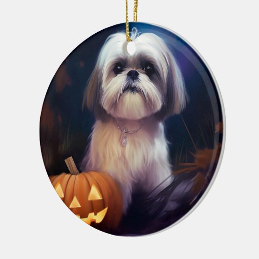 Halloween Shih Tzu met pompoenen eng Keramisch Ornament (Links)