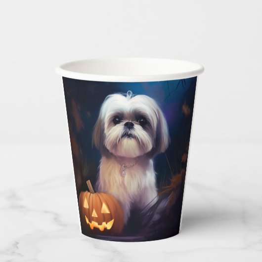 Halloween Shih Tzu met pompoenen eng Papieren Bekers (Voorkant)