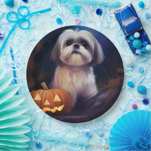 Halloween Shih Tzu met pompoenen eng Papieren Bordje (Feest)
