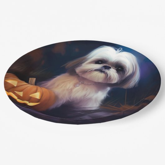 Halloween Shih Tzu met pompoenen eng Papieren Bordje (Gekanteld)