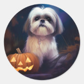 Halloween Shih Tzu met pompoenen eng Ronde Sticker (Voorkant)