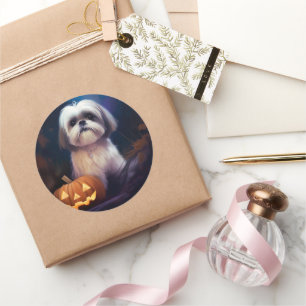Halloween Shih Tzu Met Pompoenen Eng Ronde Sticker