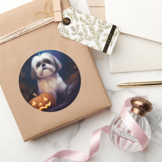 Halloween Shih Tzu met pompoenen eng Ronde Sticker (Geschenken)