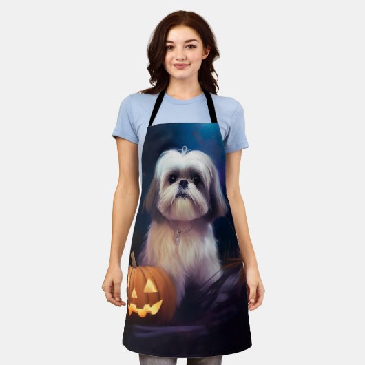 Halloween Shih Tzu met pompoenen eng Schort (Gedragen)