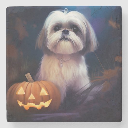 Halloween Shih Tzu Met Pompoenen Griezelen Stenen Onderzetter (Voorkant)