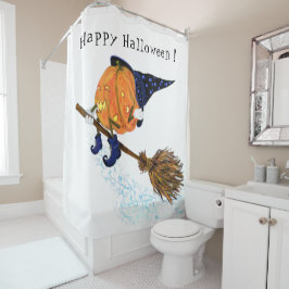 Halloween Shower Curtain Witch Pumpkin Flying Douchegordijn