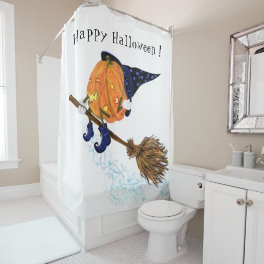 Halloween Shower Curtain Witch Pumpkin Flying Douchegordijn (In situ)