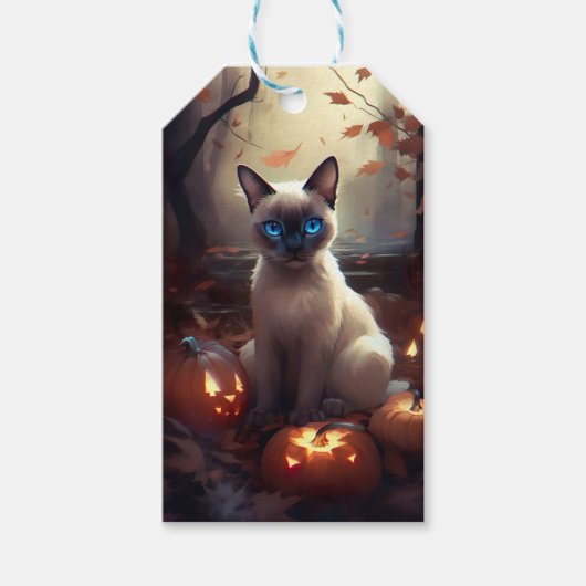 Halloween Siamese kat met pompoenen eng Cadeaulabel (Voorkant)