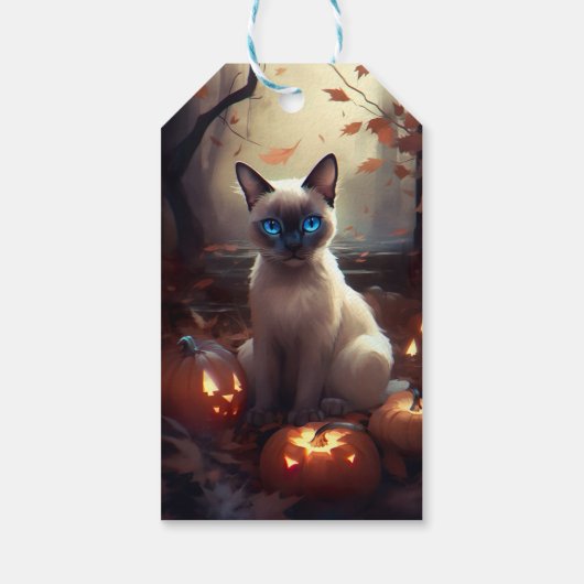 Halloween Siamese kat met pompoenen eng Cadeaulabel (Achterkant)