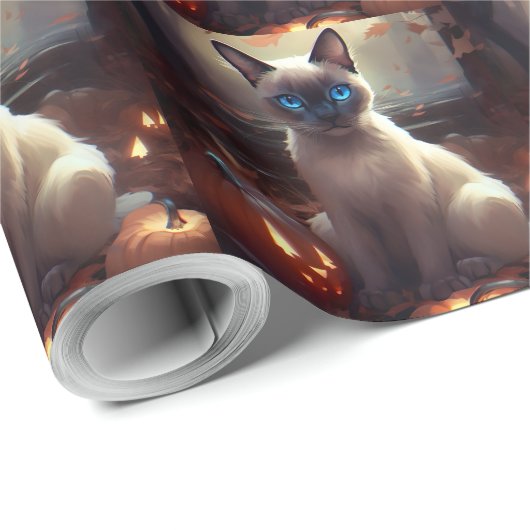 Halloween Siamese kat met pompoenen eng Cadeaupapier (Rol Hoek)