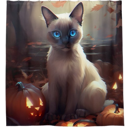 Halloween Siamese kat met pompoenen eng Douchegordijn (Voorkant)