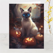 Halloween Siamese kat met pompoenen eng Kaart (Gele Bloem)