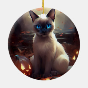 Halloween Siamese kat met pompoenen eng Keramisch Ornament