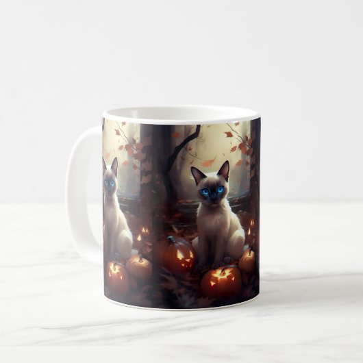 Halloween Siamese kat met pompoenen eng Koffiemok (Voorkant links)