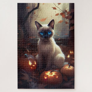 Halloween Siamese kat met pompoenen eng Legpuzzel