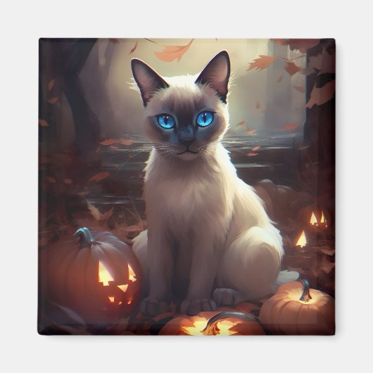 Halloween Siamese kat met pompoenen eng Magneet (Voorkant)